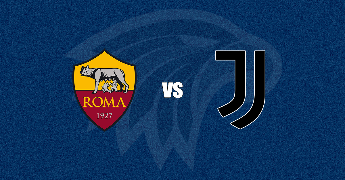 Escudos de Roma (esquerda) e Juventus (direita) com um "VS" ao centro - o emblema do The Playoffs está ao fundo - o fundo é na cor azul