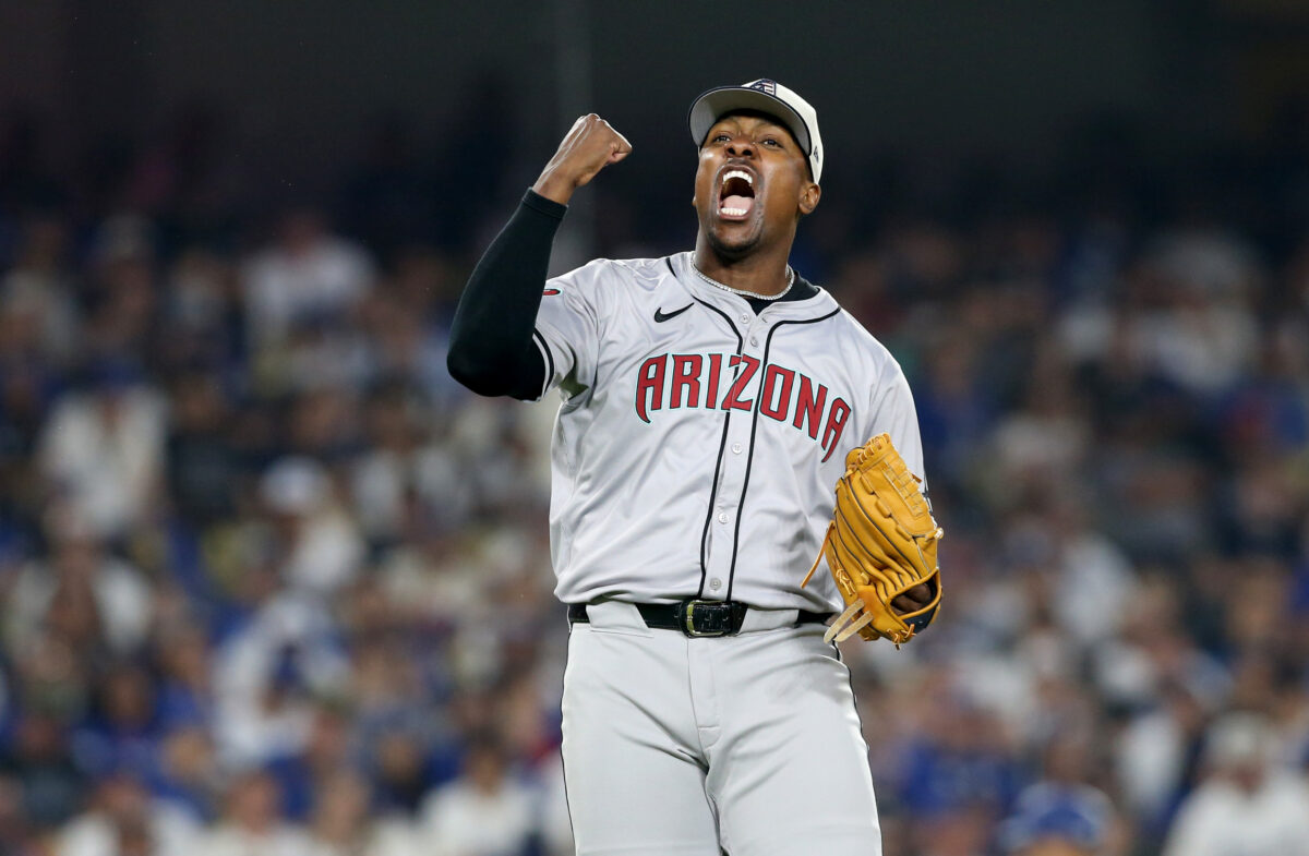 Brasil WBC Jul 4, 2024; Los Angeles, California, USA; Arizona Diamondbacks pitcher Thyago Vieira (49) reacts after a strikeout to end the game against the Los Angeles Dodgers at Dodger Stadium. Mandatory Credit: Jason Parkhurst-USA TODAY Sports