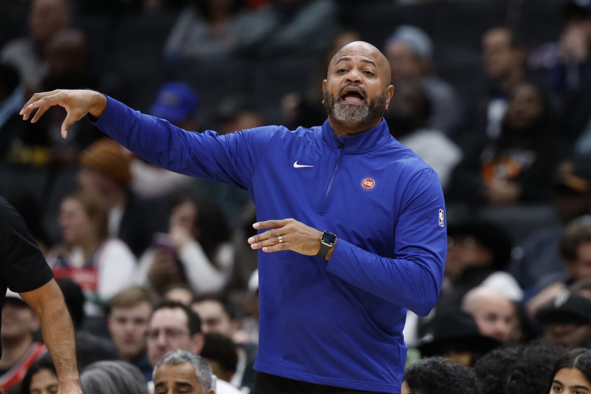 Nov 17, 2024; Washington, District of Columbia, USA; Detroit Pistons head coach J. B. Bickerstaff gestures from the bench against the Washington Wizards in the first half at Capital One Arena.