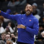 Nov 17, 2024; Washington, District of Columbia, USA; Detroit Pistons head coach J. B. Bickerstaff gestures from the bench against the Washington Wizards in the first half at Capital One Arena.