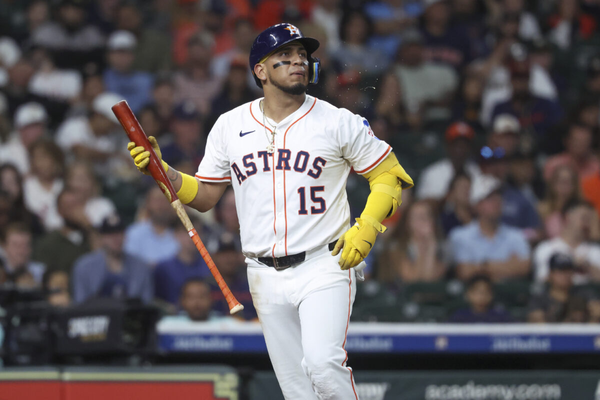 Jul 8, 2025; Houston, Texas, USA; Houston Astros third baseman Isaac Paredes (15) reacts after striking out during the third inning against the Cleveland Guardians at Daikin Park. Mandatory Credit: Troy Taormina-Imagn Images