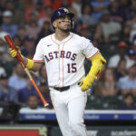 Jul 8, 2025; Houston, Texas, USA; Houston Astros third baseman Isaac Paredes (15) reacts after striking out during the third inning against the Cleveland Guardians at Daikin Park. Mandatory Credit: Troy Taormina-Imagn Images