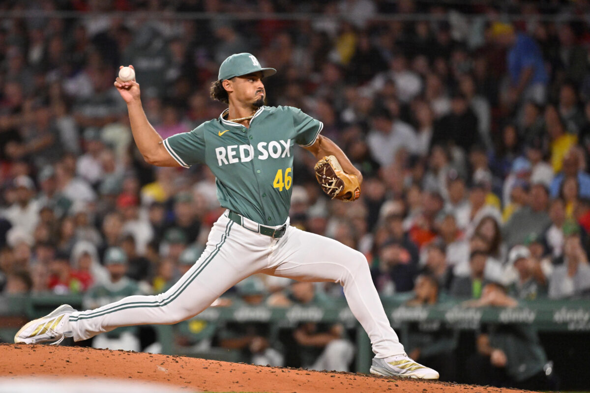 Aug 29, 2025; Boston, Massachusetts, USA; Boston Red Sox relief pitcher Jordan Hicks (46) pitches against the Pittsburgh Pirates during the eighth inning at Fenway Park. Mandatory Credit: Eric Canha-Imagn Images