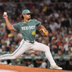 Aug 29, 2025; Boston, Massachusetts, USA; Boston Red Sox relief pitcher Jordan Hicks (46) pitches against the Pittsburgh Pirates during the eighth inning at Fenway Park. Mandatory Credit: Eric Canha-Imagn Images