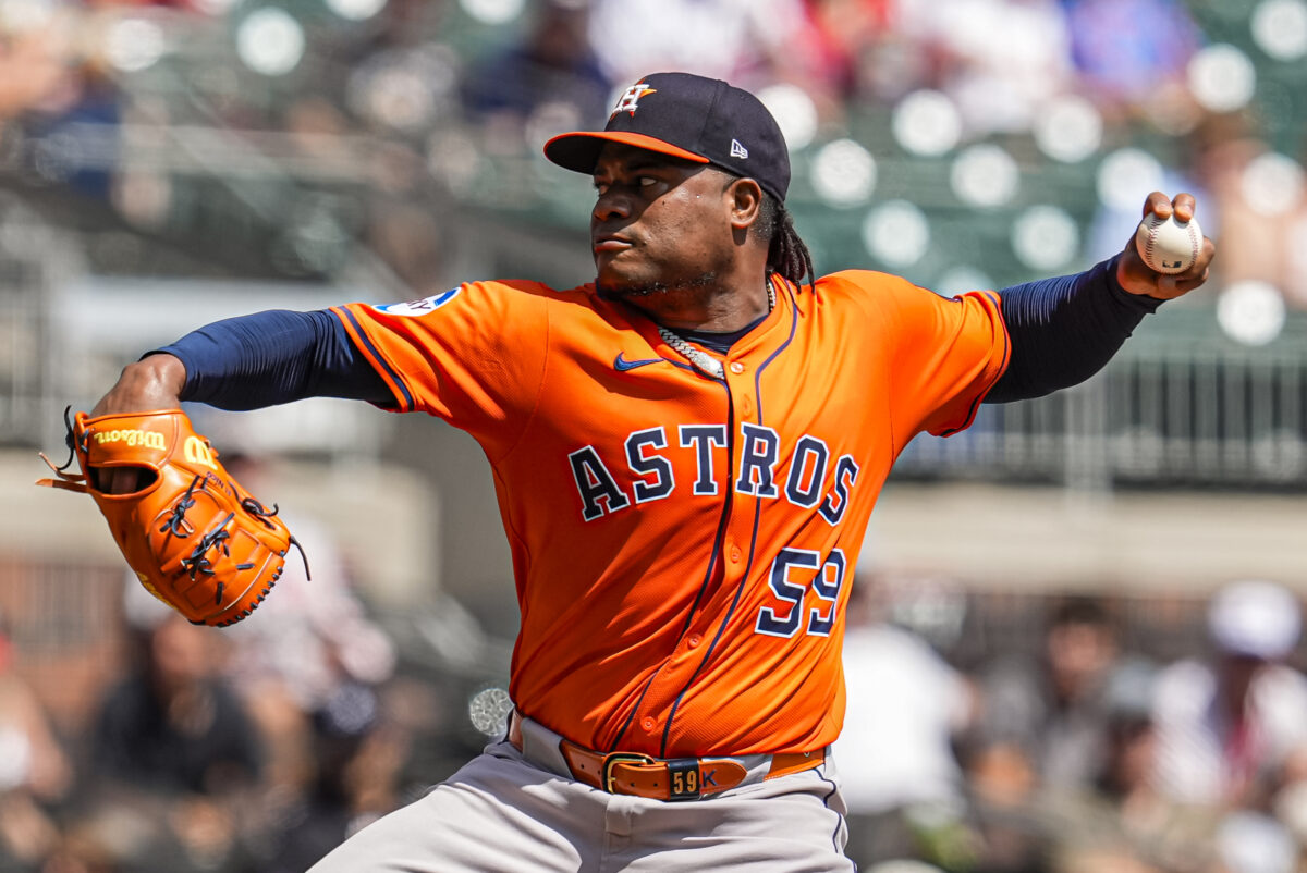 Sep 14, 2025; Cumberland, Georgia, USA; Houston Astros starting pitcher Framber Valdez (59) pitches against the Atlanta Braves during the second inning at Truist Park. Mandatory Credit: Dale Zanine-Imagn Images