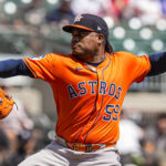 Sep 14, 2025; Cumberland, Georgia, USA; Houston Astros starting pitcher Framber Valdez (59) pitches against the Atlanta Braves during the second inning at Truist Park. Mandatory Credit: Dale Zanine-Imagn Images