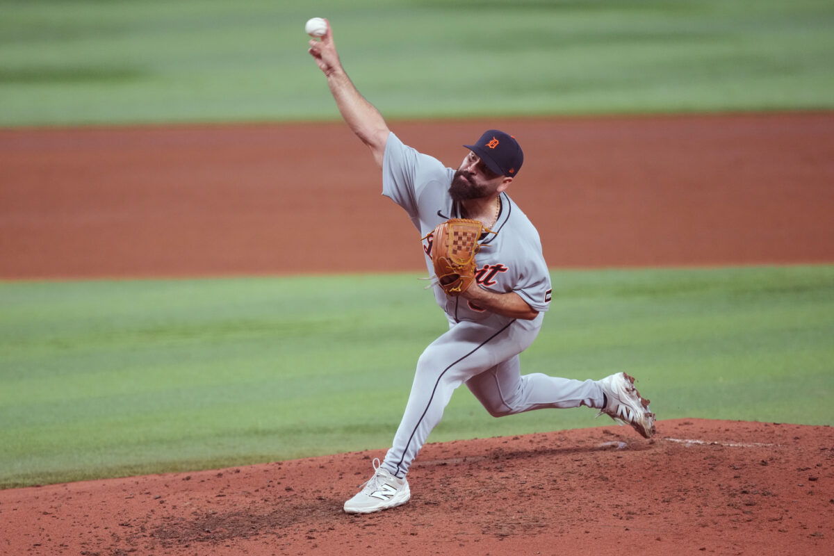Sep 14, 2025; Miami, Florida, USA; Detroit Tigers starting pitcher Jose Urquidy (65) pitches against the Miami Marlins in the sixth inning at loanDepot Park. Mandatory Credit: Jim Rassol-Imagn Images