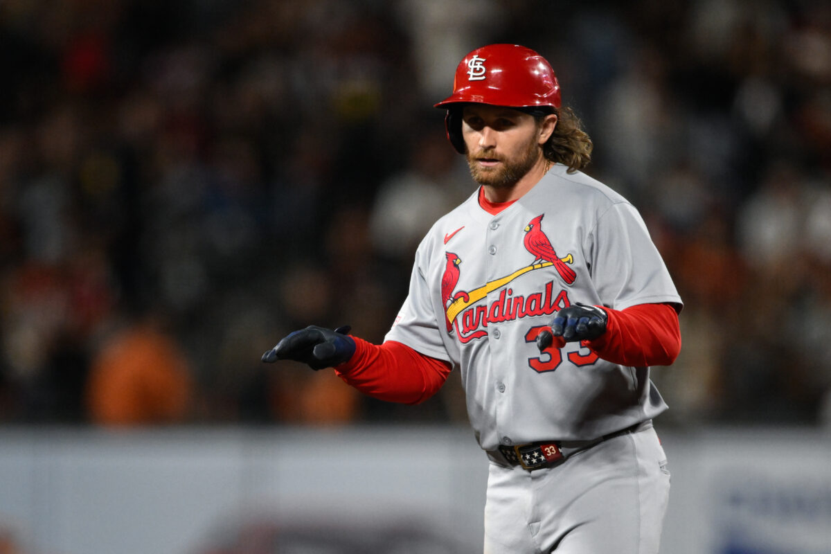 Sep 23, 2025; San Francisco, California, USA; St. Louis Cardinals second baseman Brendan Donovan (33) celebrates his double against the San Francisco Giants during the fifth inning at Oracle Park. Mandatory Credit: Eakin Howard-Imagn Images