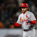 Sep 23, 2025; San Francisco, California, USA; St. Louis Cardinals second baseman Brendan Donovan (33) celebrates his double against the San Francisco Giants during the fifth inning at Oracle Park. Mandatory Credit: Eakin Howard-Imagn Images