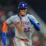 Sep 26, 2025; Miami, Florida, USA; New York Mets right fielder Juan Soto (22) runs toward third base against the Miami Marlins during the third inning at loanDepot Park. Mandatory Credit: Sam Navarro-Imagn Images