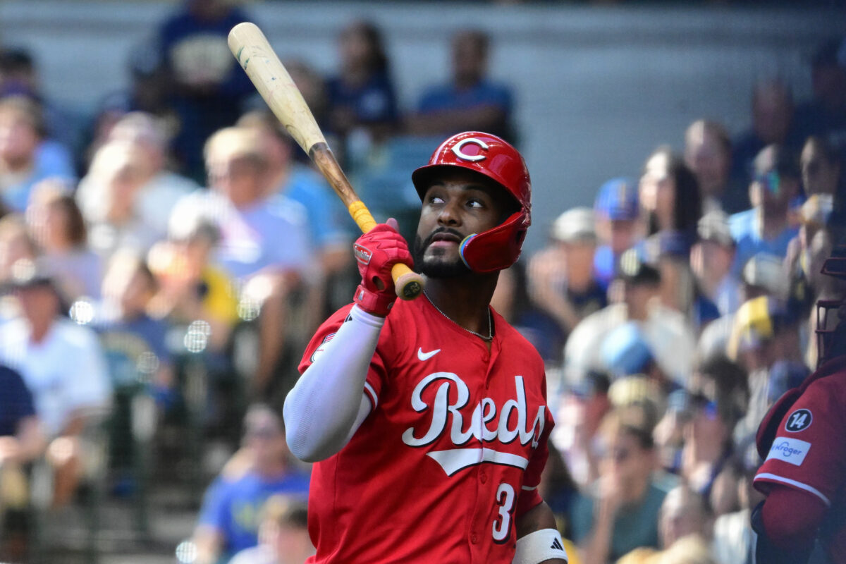 Sep 28, 2025; Milwaukee, Wisconsin, USA; Cincinnati Reds designated hitter Miguel Andujar (38) reacts after striking out in the first inning against the Milwaukee Brewers at American Family Field. Mandatory Credit: Benny Sieu-Imagn Images