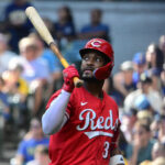 Sep 28, 2025; Milwaukee, Wisconsin, USA; Cincinnati Reds designated hitter Miguel Andujar (38) reacts after striking out in the first inning against the Milwaukee Brewers at American Family Field. Mandatory Credit: Benny Sieu-Imagn Images