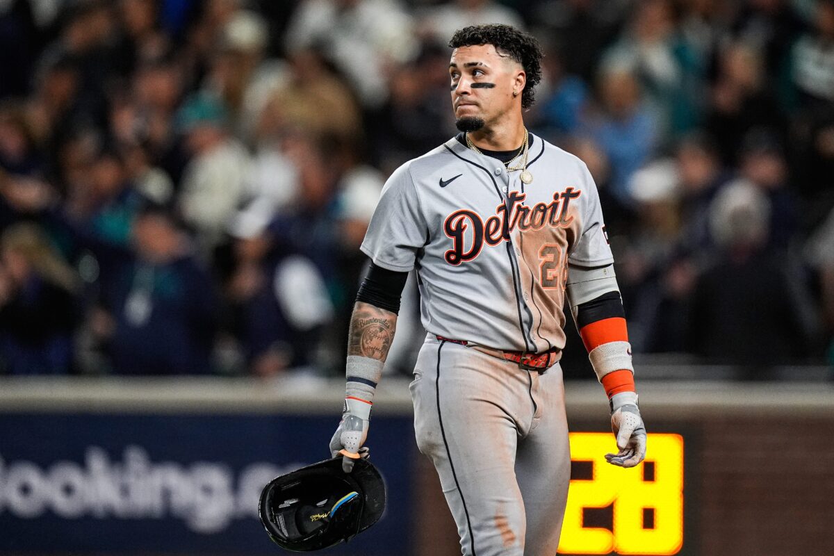 Tigers shortstop Javier Baez reacts after grounded out against Mariners during the 14th inning of ALDS Game 5 at T-Mobile Park in Seattle on Friday, Oct. 10, 2025.