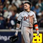 Tigers shortstop Javier Baez reacts after grounded out against Mariners during the 14th inning of ALDS Game 5 at T-Mobile Park in Seattle on Friday, Oct. 10, 2025.