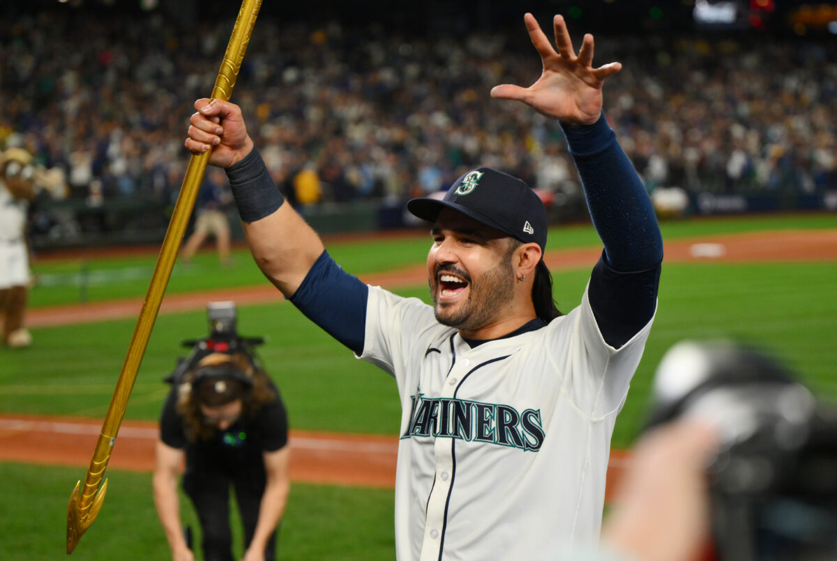 Oct 17, 2025; Seattle, Washington, USA; Seattle Mariners third baseman Eugenio Suarez (28) celebrates after winning game five of the ALCS round for the 2025 MLB playoffs against the Toronto Blue Jays at T-Mobile Park. Mandatory Credit: Steven Bisig-Imagn Images