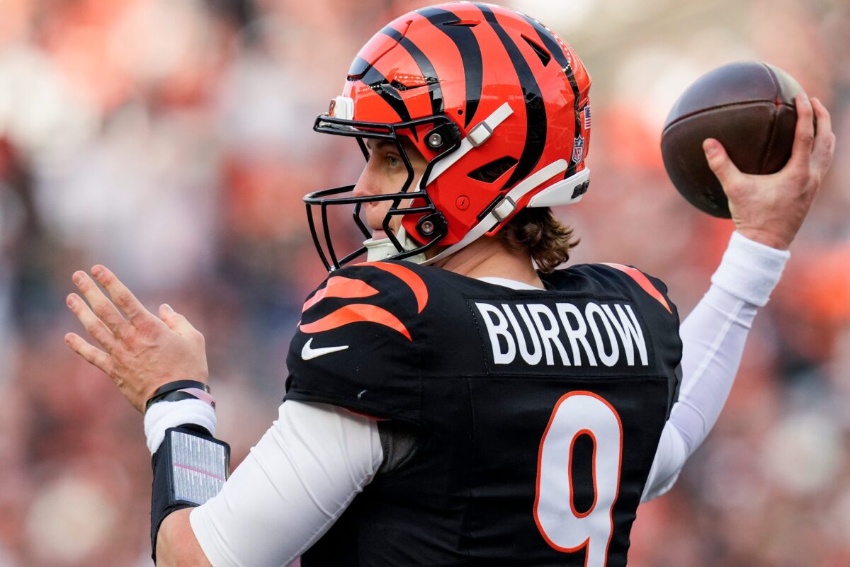 Jan 4, 2026; Cincinnati, Ohio, USA; Cincinnati Bengals quarterback Joe Burrow (9) throws a pass in the fourth quarter the Cleveland Brownsat Paycor Stadium. Mandatory Credit: Sam Greene-USA TODAY Network via Imagn Images