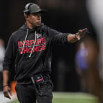 49ers Jan 4, 2026; Atlanta, Georgia, USA; Atlanta Falcons head coach Raheem Morris on the sideline during the game against the New Orleans Saints during the second half at Mercedes-Benz Stadium. Mandatory Credit: Dale Zanine-Imagn Images