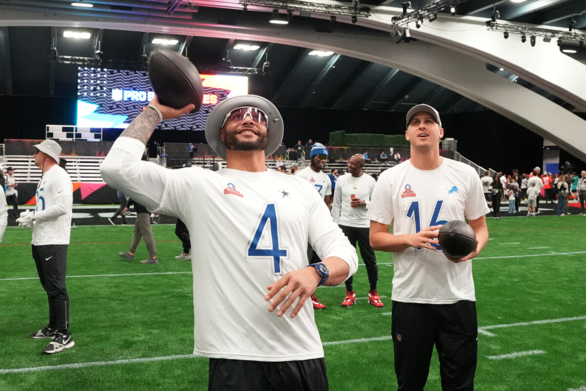 Feb 1, 2026; San Francisco, CA, USA; Dallas Cowboys quarterback Dak Prescott (4) and Detroit Lions quarterback Jared Goff (16) during NFC practice at the Flag Fieldhouse Moscone Center South Building. Mandatory Credit: Kirby Lee-Imagn Images