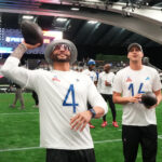 Feb 1, 2026; San Francisco, CA, USA; Dallas Cowboys quarterback Dak Prescott (4) and Detroit Lions quarterback Jared Goff (16) during NFC practice at the Flag Fieldhouse Moscone Center South Building. Mandatory Credit: Kirby Lee-Imagn Images