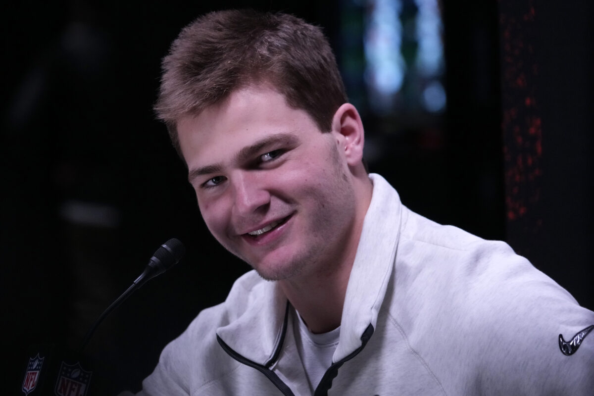 Feb 2, 2026; San Jose, CA, USA; (New England Patriots quarterback Drake Maye (10) speaks to the media during Opening Night for Super Bowl LX at San Jose Convention Center. Mandatory Credit: Kirby Lee-Imagn Images