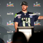 Feb 4, 2026; San Jose, CA, USA; Seattle Seahawks quarterback Sam Darnold (14) speaks to the media at the San Jose Convention Center. Mandatory Credit: Cary Edmondson-Imagn Images