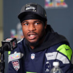 Feb 5, 2026; San Jose, CA, USA; Seattle Seahawks safety Nick Emmanwori (3) talks to media members at the San Jose Marriott. Mandatory Credit: Darren Yamashita-Imagn Images