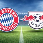 Escudos de Bayern de Munique (esquerda) e RB Leipzig (direita) em um fundo verde de gramado de futebol com os contornos brancos das linhas