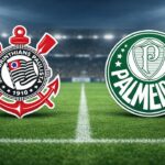 Escudos de Corinthians (esquerda) e Palmeiras (direita) em um fundo verde de gramado de futebol com os contornos brancos das linhas