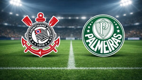 Escudos de Corinthians (esquerda) e Palmeiras (direita) em um fundo verde de gramado de futebol com os contornos brancos das linhas