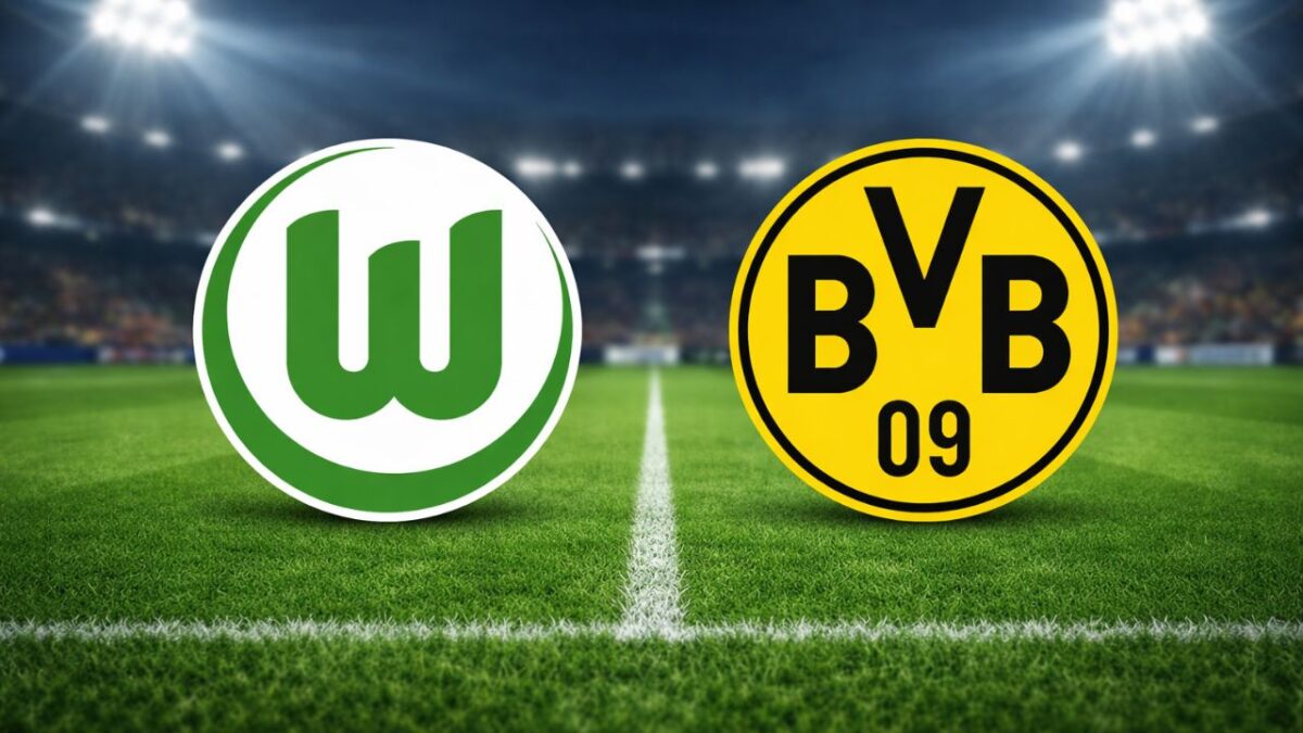 Escudos de Wolfsburg (esquerda) e Borussia Dortmund (direita) em um fundo verde de gramado de futebol com os contornos brancos das linhas