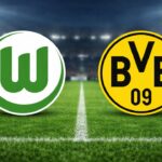 Escudos de Wolfsburg (esquerda) e Borussia Dortmund (direita) em um fundo verde de gramado de futebol com os contornos brancos das linhas